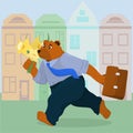 A bear in office clothes with a bouquet of daffodils and a briefcase in his hands runs along the street along the houses. Royalty Free Stock Photo